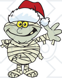 Clipart of a Friendly Waving Mummy Wearing a Christmas Santa Hat - Royalty Free Vector Illustration