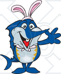 Clipart of a Friendly Waving Marlin Fish Wearing Easter Bunny Ears - Royalty Free Vector Illustration