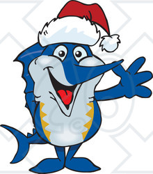Clipart of a Friendly Waving Marlin Fish Wearing a Christmas Santa Hat - Royalty Free Vector Illustration