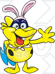 Clipart of a Friendly Waving Yellow Marine Fish Wearing Easter Bunny Ears - Royalty Free Vector Illustration