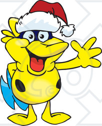 Clipart of a Friendly Waving Yellow Marine Fish Wearing a Christmas Santa Hat - Royalty Free Vector Illustration