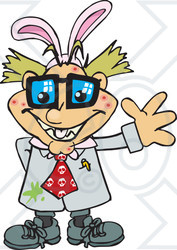 Clipart of a Friendly Waving Pimpled Blond White Male Mad Scientist Wearing Easter Bunny Ears - Royalty Free Vector Illustration