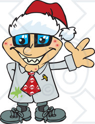 Clipart of a Friendly Waving Pimpled Blond White Male Mad Scientist Wearing a Christmas Santa Hat - Royalty Free Vector Illustration