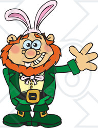 Clipart of a Friendly Waving Leprechaun Wearing Easter Bunny Ears - Royalty Free Vector Illustration