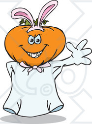 Clipart of a Friendly Waving Jackolantern Ghost Wearing Easter Bunny Ears - Royalty Free Vector Illustration