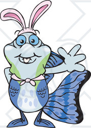 Clipart of a Friendly Waving Guppy Fish Wearing Easter Bunny Ears - Royalty Free Vector Illustration