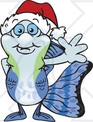 Clipart of a Friendly Waving Guppy Fish Wearing a Christmas Santa Hat - Royalty Free Vector Illustration