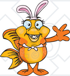 Clipart of a Friendly Waving Fancy Goldfish Wearing Easter Bunny Ears - Royalty Free Vector Illustration