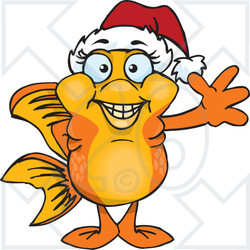 Clipart of a Friendly Waving Fancy Goldfish Wearing a Christmas Santa Hat - Royalty Free Vector Illustration