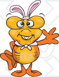Clipart of a Friendly Waving Goldfish Wearing Easter Bunny Ears - Royalty Free Vector Illustration