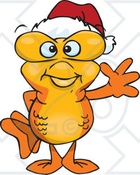 Clipart of a Friendly Waving Goldfish Wearing a Christmas Santa Hat - Royalty Free Vector Illustration