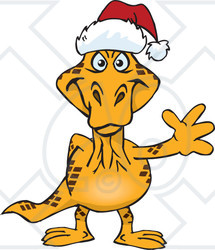 Clipart of a Friendly Waving Goanna Lizard Wearing a Christmas Santa Hat - Royalty Free Vector Illustration