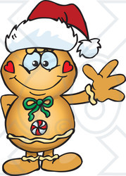 Clipart of a Friendly Waving Gingerbread Man Wearing a Christmas Santa Hat - Royalty Free Vector Illustration