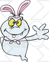 Clipart of a Friendly Waving Ghost Wearing Easter Bunny Ears - Royalty Free Vector Illustration