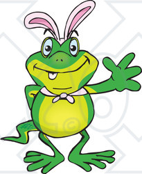 Clipart of a Friendly Waving Gecko Wearing Easter Bunny Ears - Royalty Free Vector Illustration