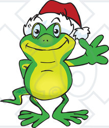 Clipart of a Friendly Waving Gecko Wearing a Christmas Santa Hat - Royalty Free Vector Illustration