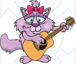 Clipart of a Happy Purple Cat Playing an Acoustic Guitar - Royalty Free Vector Illustration