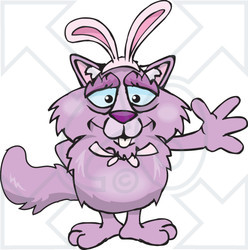 Clipart of a Friendly Waving Purple Cat Wearing Easter Bunny Ears - Royalty Free Vector Illustration