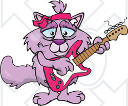 Clipart of a Happy Purple Cat Playing an Electric Guitar - Royalty Free Vector Illustration