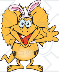 Clipart of a Friendly Waving Frill Necked Lizard Wearing Easter Bunny Ears - Royalty Free Vector Illustration