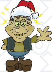 Clipart of a Friendly Waving Frankenstein Wearing a Christmas Santa Hat - Royalty Free Vector Illustration