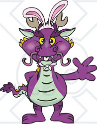 Clipart of a Friendly Waving Purple Dragon Wearing Easter Bunny Ears - Royalty Free Vector Illustration