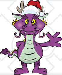 Clipart of a Friendly Waving Purple Dragon Wearing a Christmas Santa Hat - Royalty Free Vector Illustration