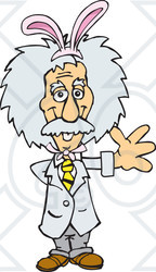 Clipart of a Friendly Waving Scientist Albert Einstein Wearing Easter Bunny Ears - Royalty Free Vector Illustration