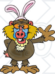 Clipart of a Friendly Waving Baboon Monkey Wearing Easter Bunny Ears - Royalty Free Vector Illustration