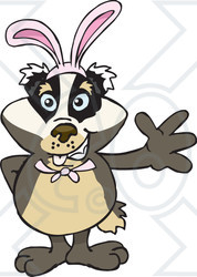 Clipart of a Friendly Waving Badger Wearing Easter Bunny Ears - Royalty Free Vector Illustration
