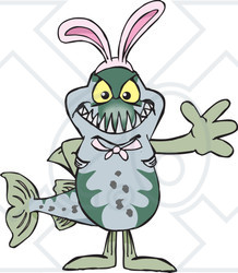 Clipart of a Friendly Waving Barracuda Fish Wearing Easter Bunny Ears - Royalty Free Vector Illustration