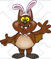 Clipart of a Friendly Waving Bat Wearing Easter Bunny Ears - Royalty Free Vector Illustration