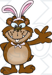 Clipart of a Friendly Waving Bear Wearing Easter Bunny Ears - Royalty Free Vector Illustration
