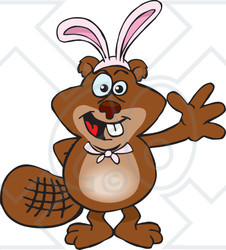 Clipart of a Friendly Waving Beaver Wearing Easter Bunny Ears - Royalty Free Vector Illustration