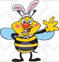Clipart of a Friendly Waving Bee Wearing Easter Bunny Ears - Royalty Free Vector Illustration
