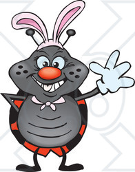 Clipart of a Friendly Waving Ladybug Wearing Easter Bunny Ears - Royalty Free Vector Illustration