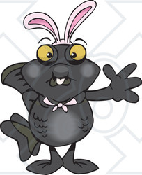 Clipart of a Friendly Waving Black Moor Fish Wearing Easter Bunny Ears - Royalty Free Vector Illustration