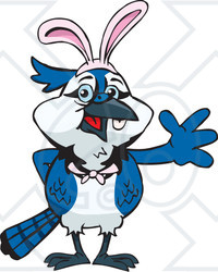 Clipart of a Friendly Waving Blue Jay Bird Wearing Easter Bunny Ears - Royalty Free Vector Illustration