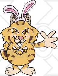 Clipart of a Friendly Waving Bobcat Wearing Easter Bunny Ears - Royalty Free Vector Illustration