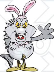 Clipart of a Friendly Waving Bream Fish Wearing Easter Bunny Ears - Royalty Free Vector Illustration