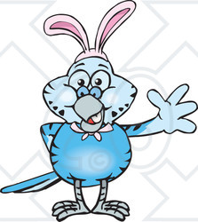 Clipart of a Friendly Waving Blue Budgie Parakeet Bird Wearing Easter Bunny Ears - Royalty Free Vector Illustration