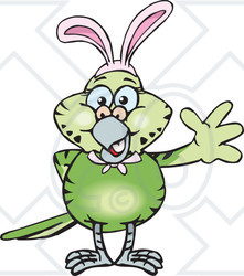 Clipart of a Friendly Waving Green Budgie Parakeet Bird Wearing Easter Bunny Ears - Royalty Free Vector Illustration