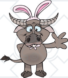 Clipart of a Friendly Waving Buffalo Wearing Easter Bunny Ears - Royalty Free Vector Illustration
