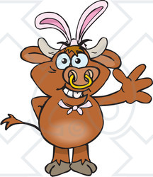 Clipart of a Friendly Waving Brown Bull Wearing Easter Bunny Ears - Royalty Free Vector Illustration