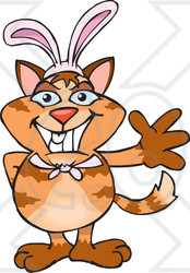 Clipart of a Friendly Waving Ginger Cat Wearing Easter Bunny Ears - Royalty Free Vector Illustration