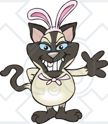 Clipart of a Friendly Waving Siamese Cat Wearing Easter Bunny Ears - Royalty Free Vector Illustration