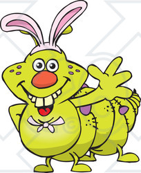 Clipart of a Friendly Waving Caterpillar Wearing Easter Bunny Ears - Royalty Free Vector Illustration