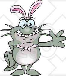 Clipart of a Friendly Waving Catfish Wearing Easter Bunny Ears - Royalty Free Vector Illustration