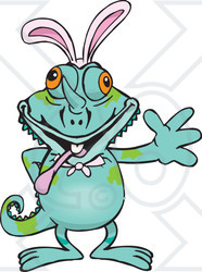 Clipart of a Friendly Waving Chameleon Lizard Wearing Easter Bunny Ears - Royalty Free Vector Illustration