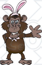 Clipart of a Friendly Waving Chimpanzee Monkey Wearing Easter Bunny Ears - Royalty Free Vector Illustration